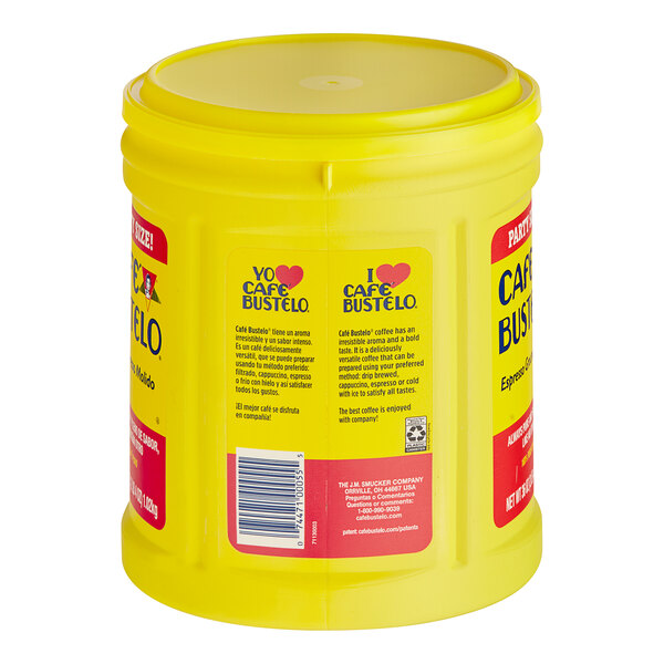 A yellow Cafe Bustelo container with red and blue labels.