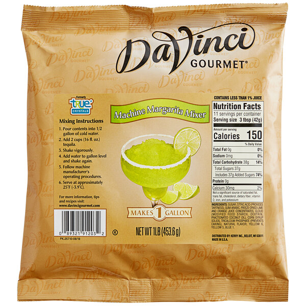 A bag of DaVinci Gourmet Margarita Cocktail Mix with a picture of a margarita on it.