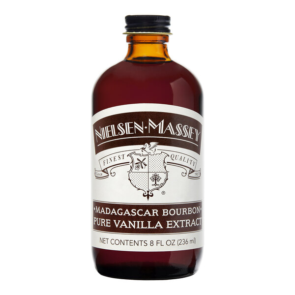 A close up of a bottle of Nielsen-Massey Madagascar Bourbon Vanilla Extract.