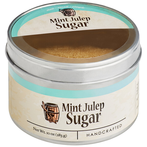 A round Bourbon Barrel Foods Mint Julep Sugar tin with a clear lid.