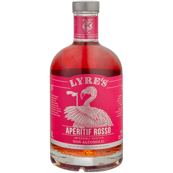 A Lyre's Aperitif Rosso non-alcoholic vermouth bottle on a table.