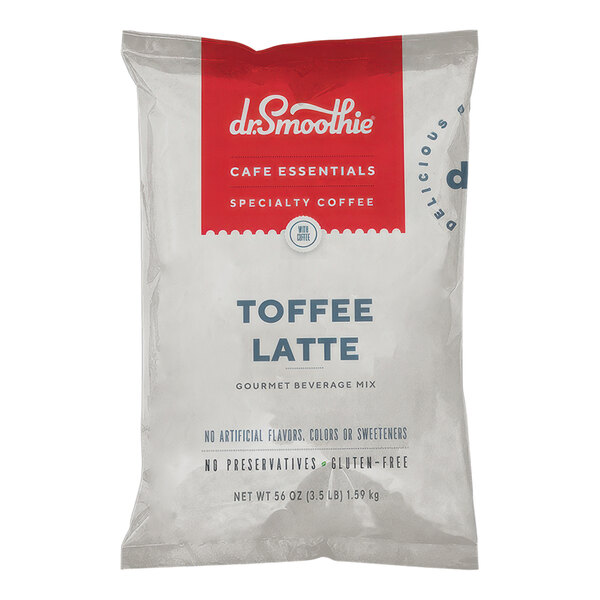 A white bag of Dr. Smoothie Cafe Essentials Toffee Latte Beverage Mix with red and blue text.