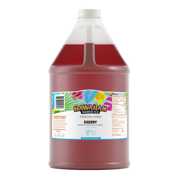 A one-gallon jug of Hawaiian Shaved Ice cherry snow cone syrup.