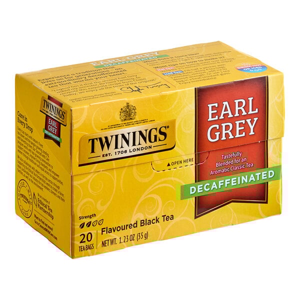 A yellow box of Twinings Earl Grey Decaffeinated Tea Bags.