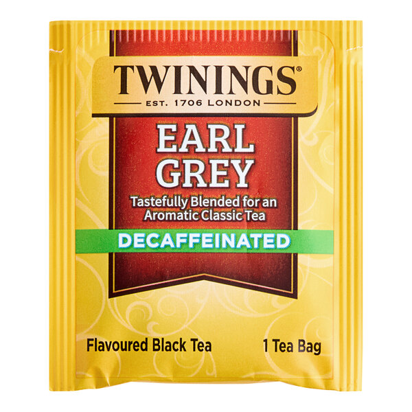 A yellow box of Twinings Earl Grey Decaffeinated tea bags.