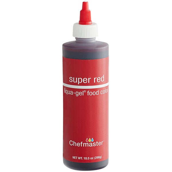 A Chefmaster Super Red Liqua-Gel Food Coloring bottle with a red cap.
