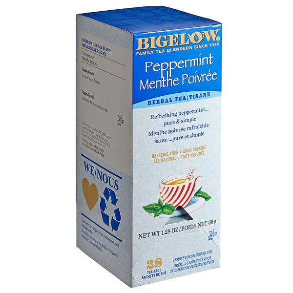 A Bigelow 28-count box of Peppermint Herbal Tea bags.