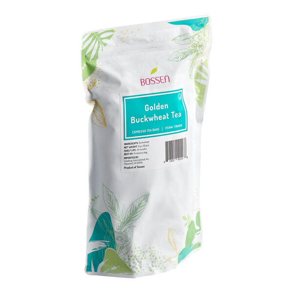 A white and green resealable bag labeled 'Golden Buckwheat Tea' with botanical illustrations and a barcode on the front.