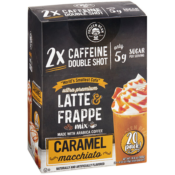 A box of The Frozen Bean Caramel Macchiato Double Shot Blended Ice Coffee Mix on a counter.