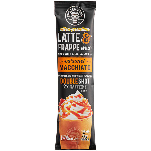 A black package of The Frozen Bean Single Serve Double Shot Caramel Macchiato Blended Ice Coffee mix with white and orange text.
