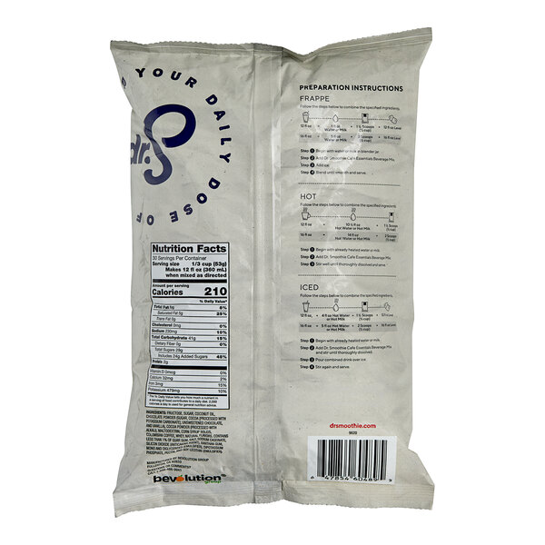 A white bag of Dr. Smoothie Cafe Essentials Mocha Java Beverage Mix with black and blue text.