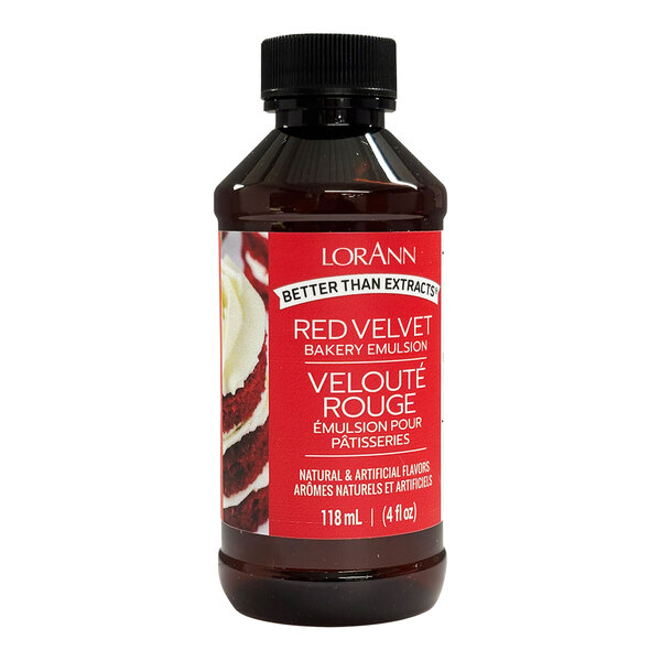 A close up of a brown bottle of LorAnn Oils Red Velvet Bakery Emulsion with a red label.