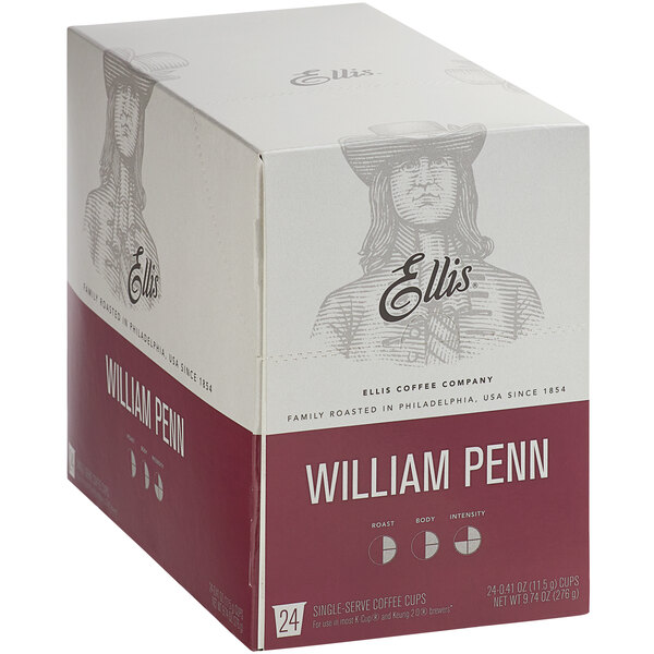 A case of 24 Ellis William Penn single serve coffee cups.