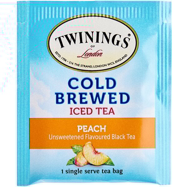 A blue box of Twinings Peach Cold Brewed Iced Tea bags.