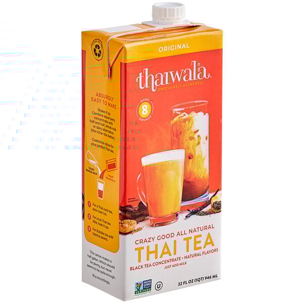 A carton of Thaiwala Original Thai Tea concentrate with a label of a cup of orange liquid.