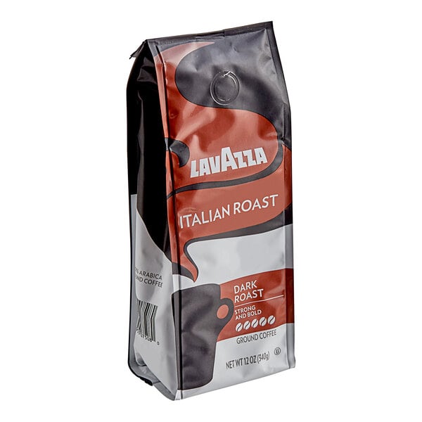 A Lavazza Italian Roast ground coffee bag with a white and red label.