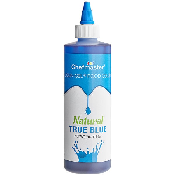 A Chefmaster True Blue Liqua-Gel Food Coloring bottle with a blue and white label.