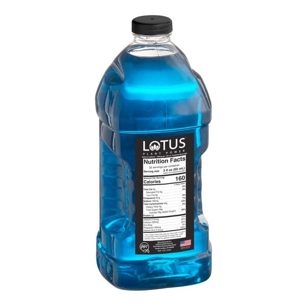 A 64 fl. oz. bottle of Lotus Plant Power Blue Lotus 5:1 Energy Concentrate with a black cap and nutrition facts label.