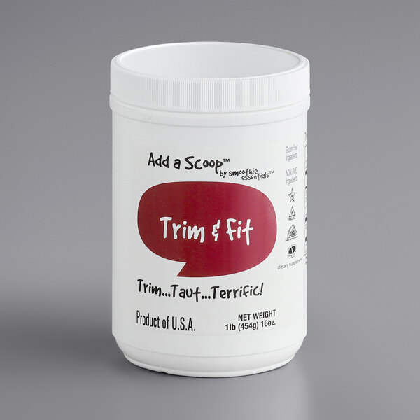 A white container of Add A Scoop Trim & Fit Supplement Powder with a red label.