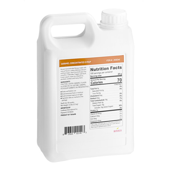 A white Bossen container of caramel syrup with a label.