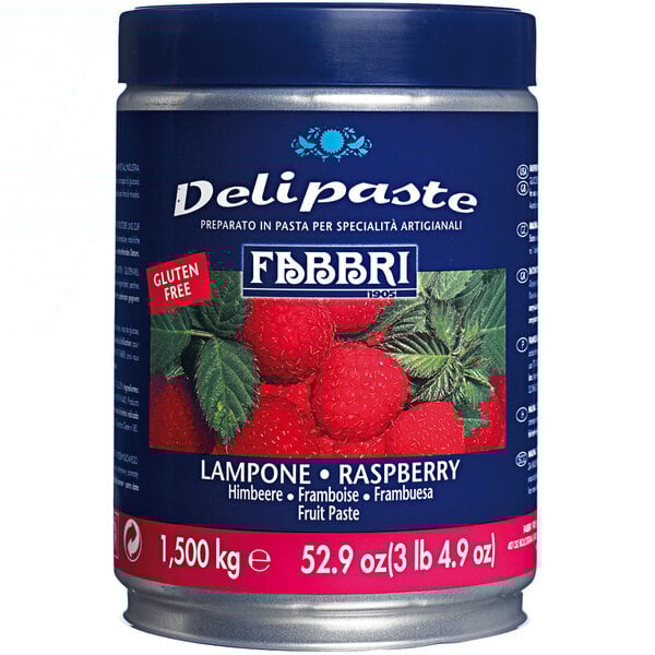 A white and red can of Fabbri Raspberry Flavoring Paste.