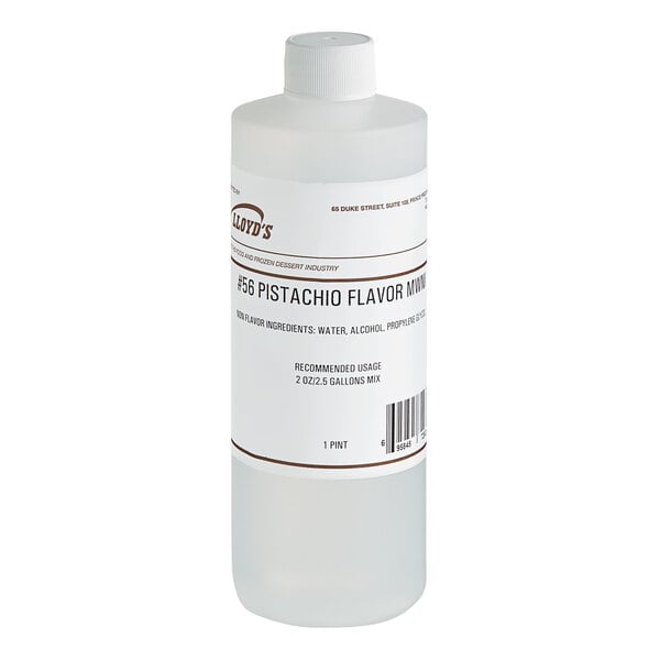 A white bottle of Lloyd's of Pennsylvania Pistachio Hard Serve Ice Cream Flavoring with a label.