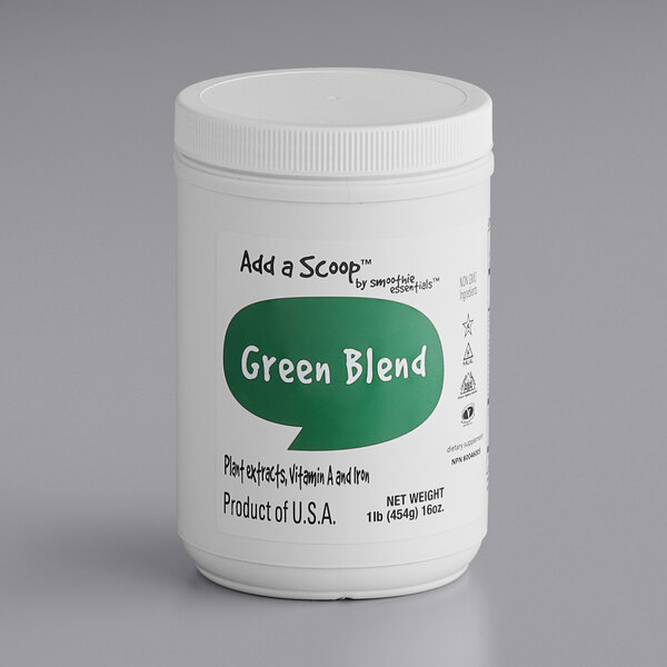 A white Add A Scoop container of green blend supplement powder with a green label on a counter.