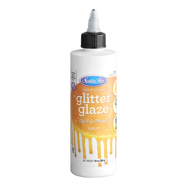 A bottle of Satin Ice Gold Vanilla Glitter Glaze in a 10 oz. size.