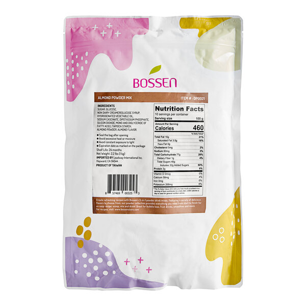 A white bag of Bossen almond powder mix with a pink and yellow food label.