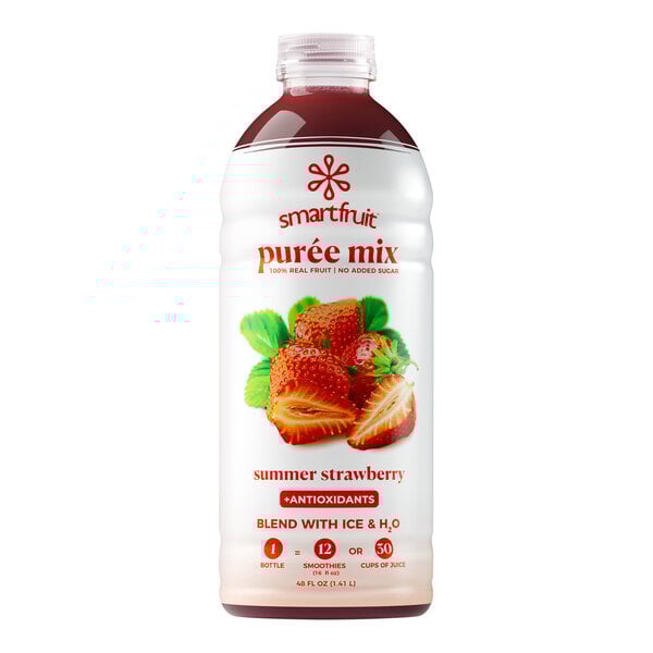A white container of Smartfruit Summer Strawberry puree with a label featuring strawberries.