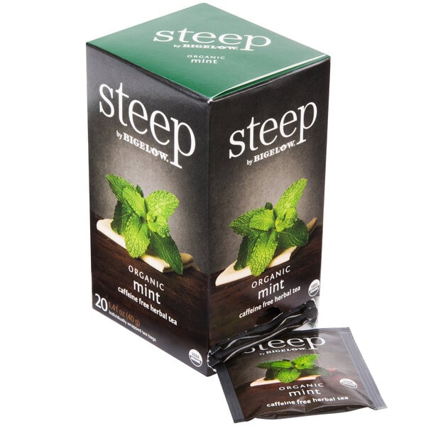 A white box of Steep by Bigelow organic mint tea bags.