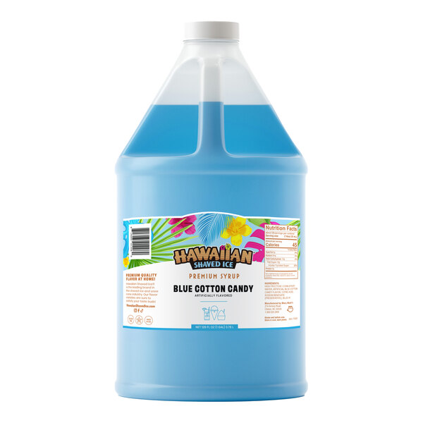 A one-gallon jug of Hawaiian Shaved Ice Blue Cotton Candy snow cone syrup.
