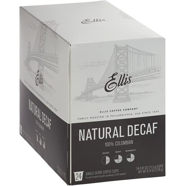 A case of 24 Ellis Natural Decaf Coffee single serve cups.