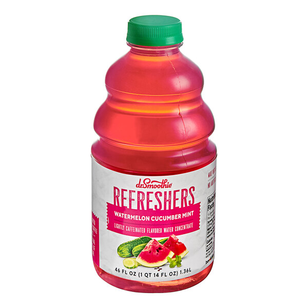 A bottle of Dr. Smoothie Watermelon Cucumber Mint refresher concentrate on a counter.