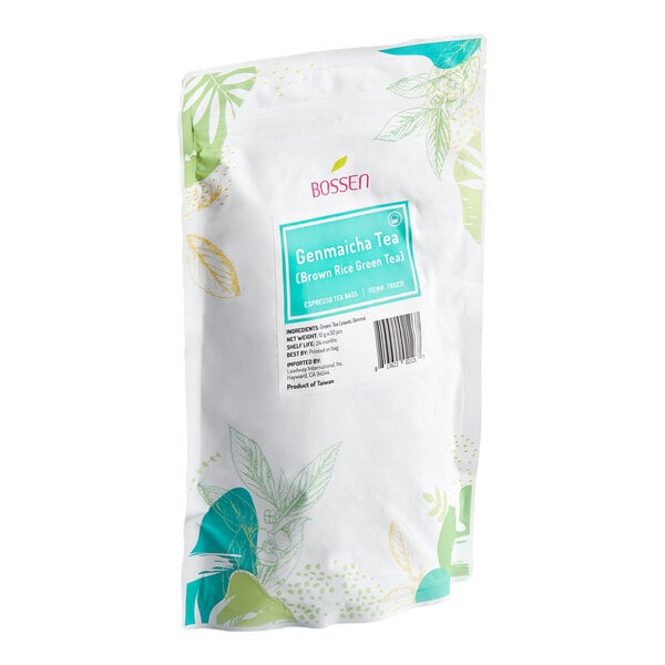 A white resealable bag with green and yellow leaf illustrations, labeled 'Bossen Genmaicha Tea (Brown Rice Green Tea)' with product details and a barcode on the front.
