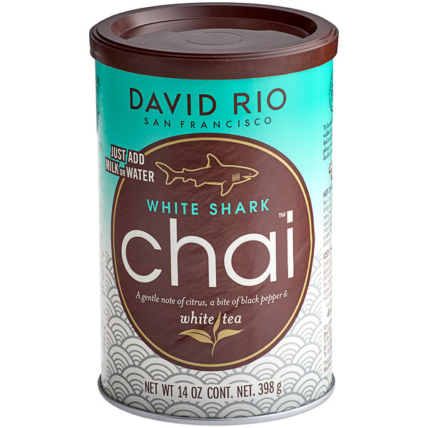 A white David Rio White Shark Chai Tea Latte Mix can with a brown and white shark logo.