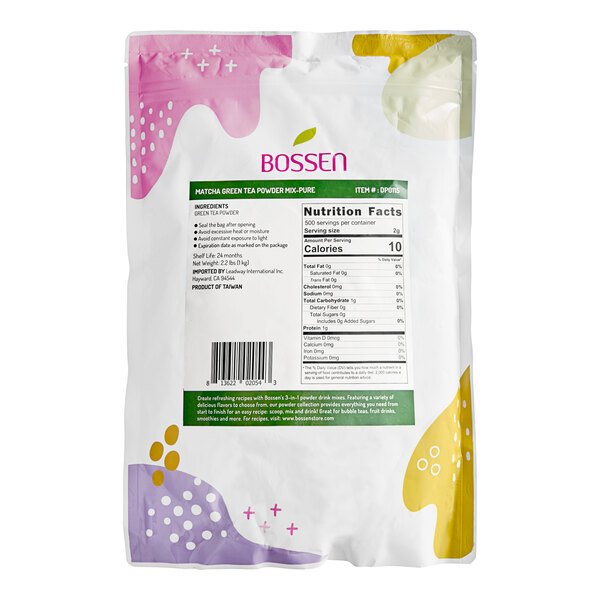 A white bag of Bossen Pure Matcha Powder with pink and yellow dots.
