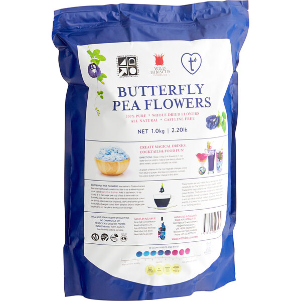 A blue and white bag of Wild Hibiscus Whole Dried Butterfly Pea Flowers with blue and white flowers on it.