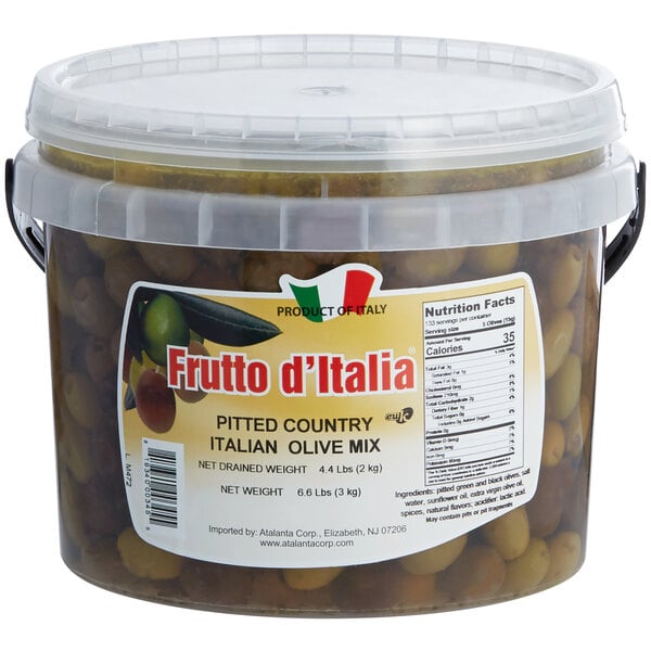 A white and yellow pail of Frutto d'Italia pitted Italian olive mix.