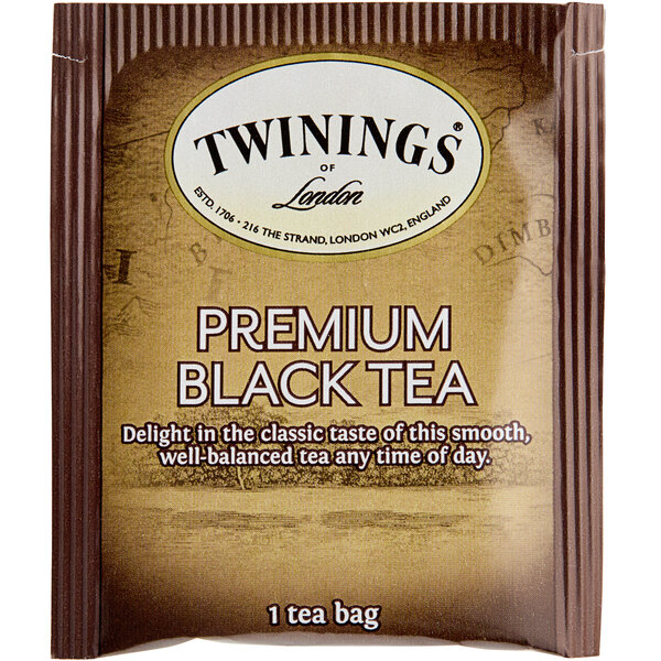 A white package with brown and white lettering for Twinings 25-Count Premium Black Tea Bags.