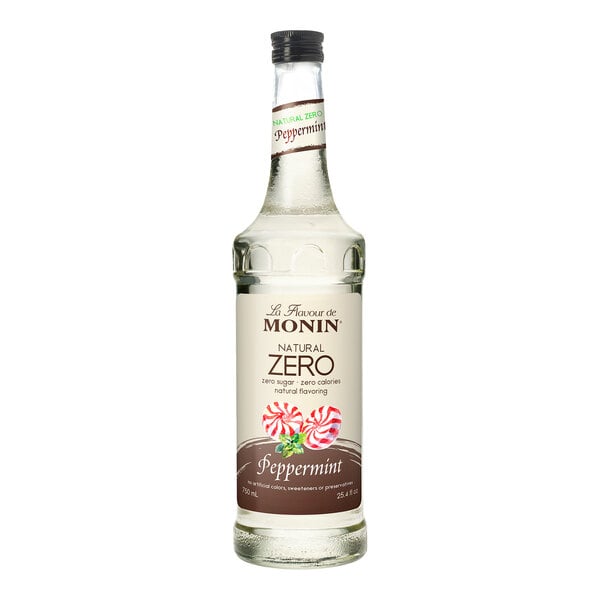 A 750 mL bottle of Monin Zero Calorie Natural Peppermint Flavoring Syrup.