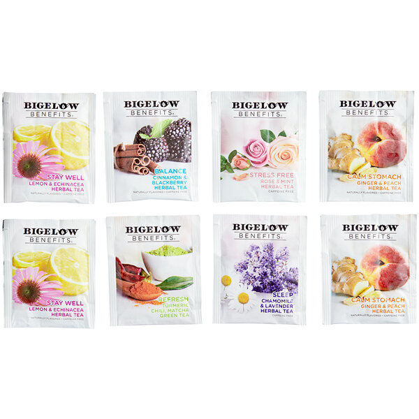 A white tray with six packages of Bigelow Wellness tea bags.