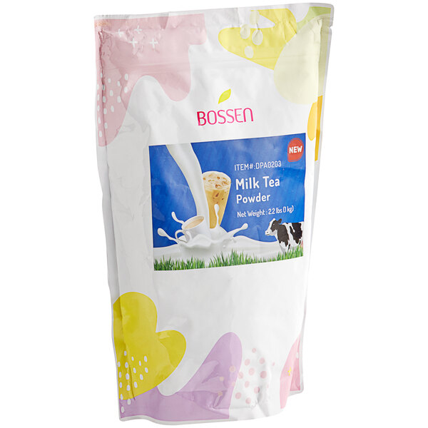 A white bag of Bossen All-in-One Milk Tea Powder Mix with a label.