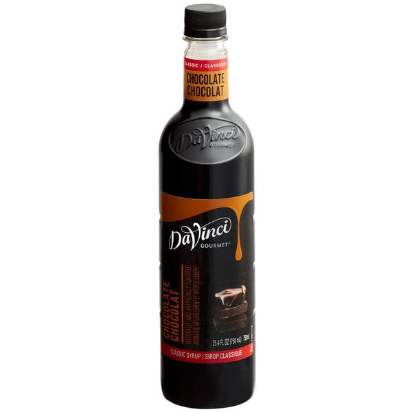 A DaVinci Gourmet Classic Chocolate Flavoring Syrup bottle with a label on it.