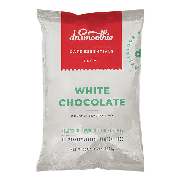 A white package of Dr. Smoothie Cafe Essentials White Chocolate Beverage Mix with green and red text.