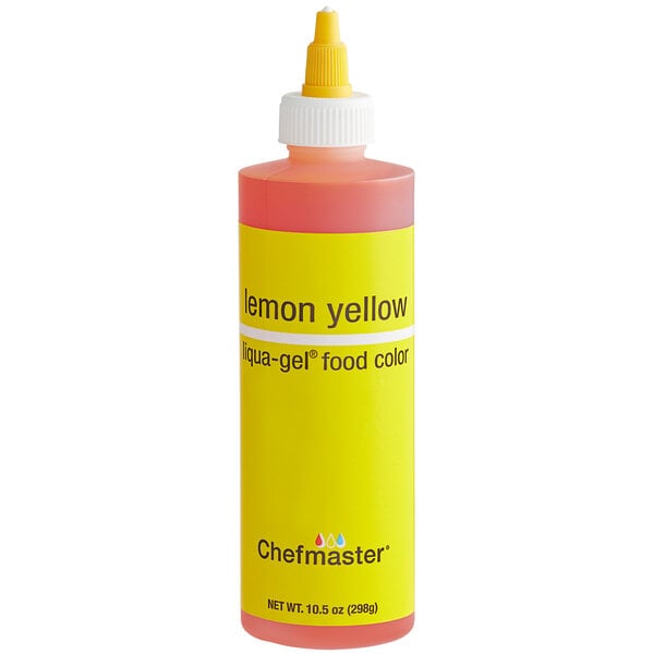 A yellow bottle of Chefmaster Lemon Yellow Liqua-Gel Food Coloring.