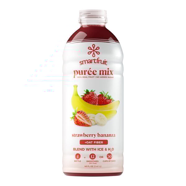 A white plastic bottle of Smartfruit Strawberry Bananza Puree Beverage Mix with a label. The label shows a strawberry and a banana.