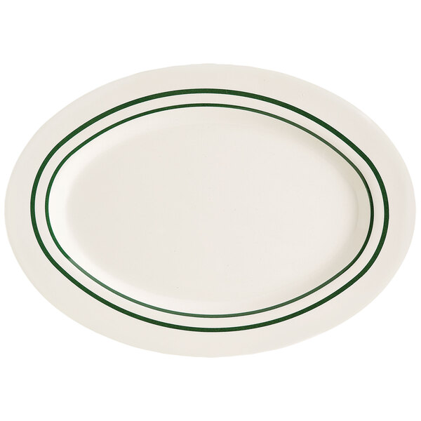 A white oval platter with green lines.