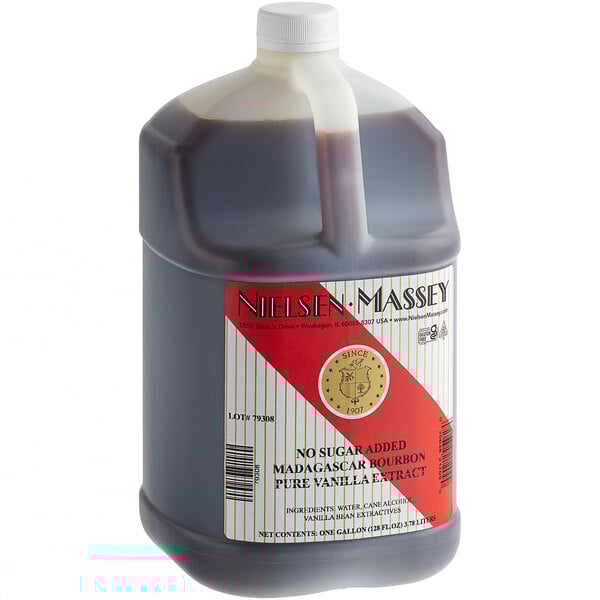 A jug of Nielsen-Massey Madagascar Bourbon Vanilla Extract with a red, black, and gold label and a white cap.