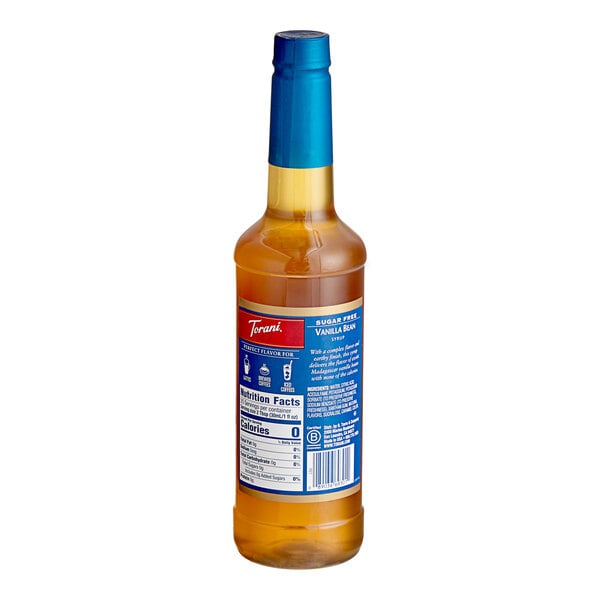 A Torani Sugar-Free Vanilla Bean Flavoring Syrup bottle with a blue label.